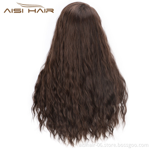 Aisi Hair Brown Color Lace Part Heat Resistant Synthetic Hair Wigs with Bangs Long Wavy Side Part Wigs for Black Women